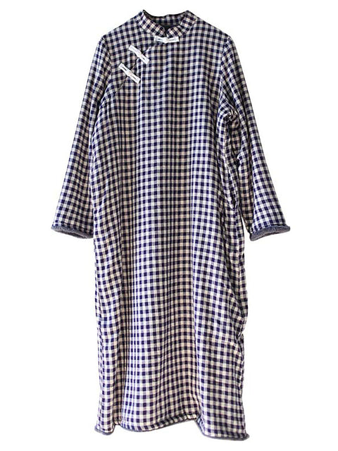 Kinesisk stil Kvinder Vinterfrø Tyk Plaid Robe Kjole