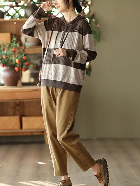 Women Spring Casual Stripe Button Loose Hooded Shirt