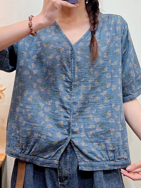 Plus Size Kvinder Sommer Blomster Casual Button Loose Shirt