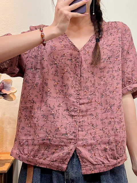 Plus Size Kvinder Sommer Blomster Casual Button Loose Shirt