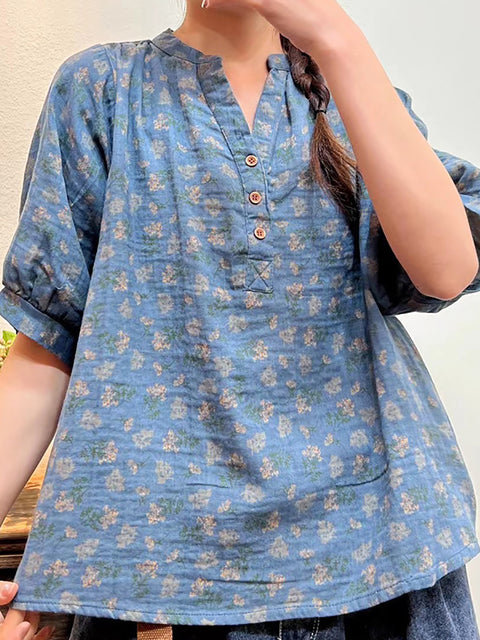 Plus Size Kvinder Sommer Artsy Floral Button Loose Shirt