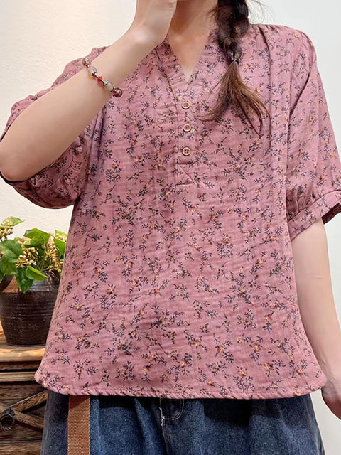 Plus Size Kvinder Sommer Artsy Floral Button Loose Shirt