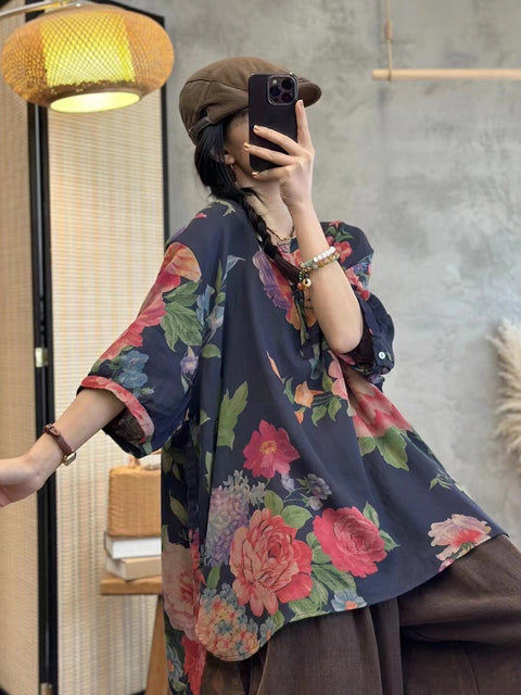 Plus Size Kvinder Sommer Casual Flower Button Løs Pullover Shirt