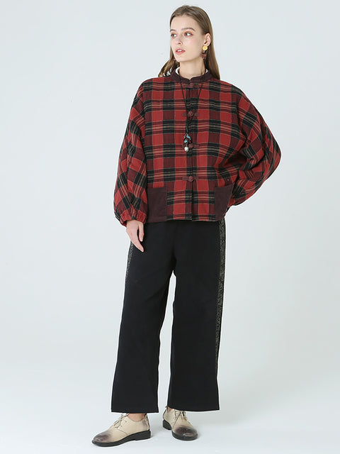 Plus Size Forår Vinter Plaid Kvinder Løs Casual Coat M-2XL