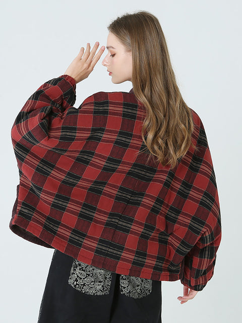 Plus Size Forår Vinter Plaid Kvinder Løs Casual Coat M-2XL