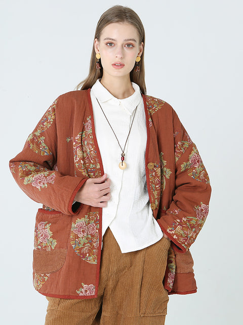 Plus Size Flower Prints Kvinder Langærmet Spring Coat