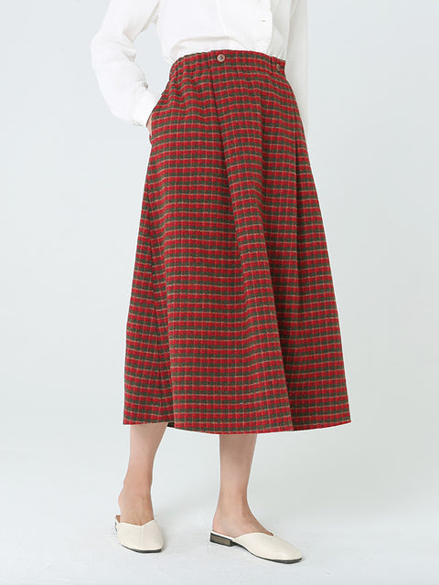 Plus Size Kvinder Plaid Løs Spring Pocket Elastisk talje nederdel