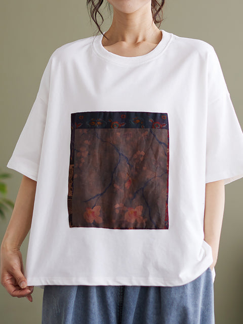 Patchwork Casual Sommer Kvinder Løs T-shirt