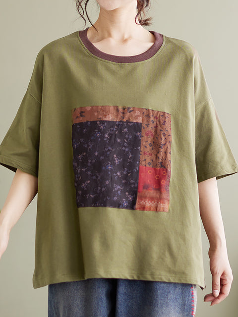 Patchwork Casual Sommer Kvinder Løs T-shirt