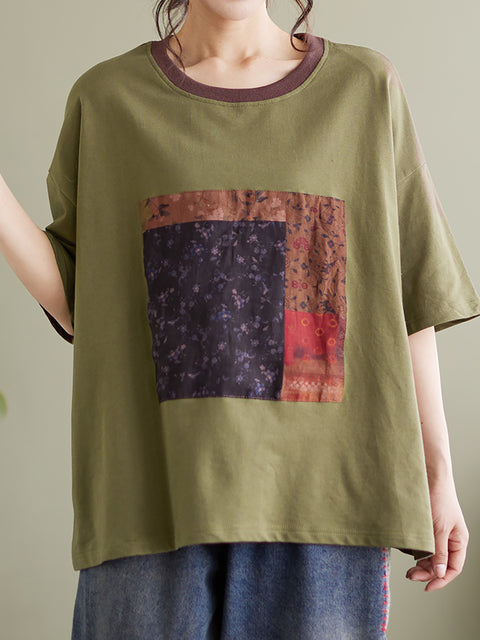 Patchwork Casual Sommer Kvinder Løs T-shirt