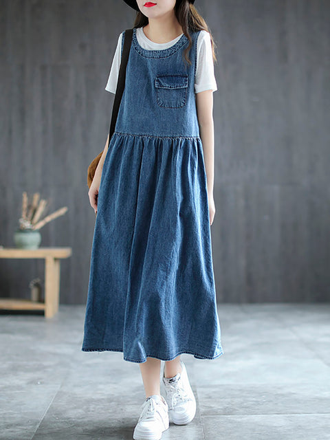 Plus Size - Denim Plisseret Langærmet Pinafore-kjole