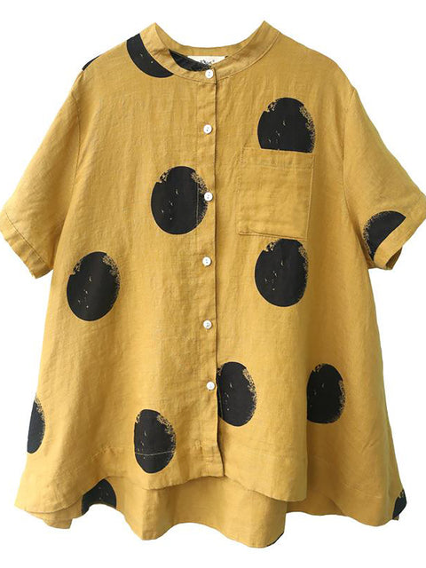 Plus Size Polka Dot bomuld linned stand krave skjorte