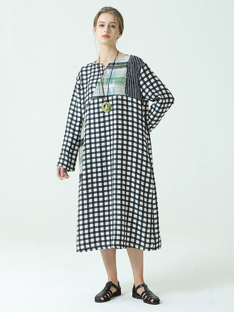 Plus Size Plaid Langærmet Løs Forårs Casual Kjole