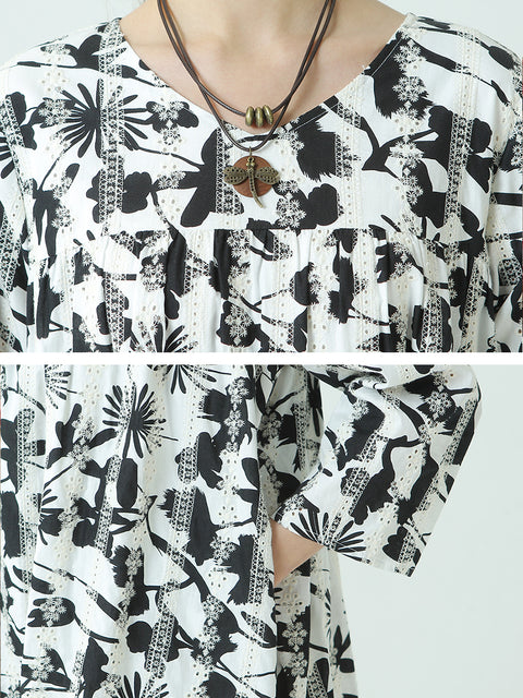 Plus Size Flower Prints O-hals Langærmet Plisseret Plus Size kjole