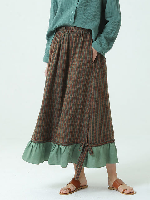 Plus Size forår Elastisk talje Plaid Løs vintage lang nederdel M-2XL