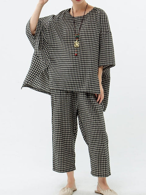 Plus Size Bomuld Linned Plaid retro bluse og bukser