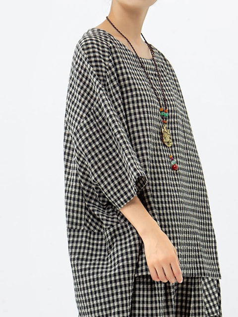 Plus Size Bomuld Linned Plaid retro bluse og bukser