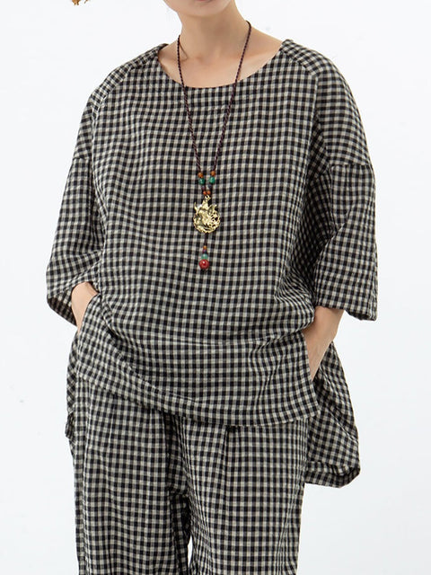 Plus Size Bomuld Linned Plaid retro bluse og bukser