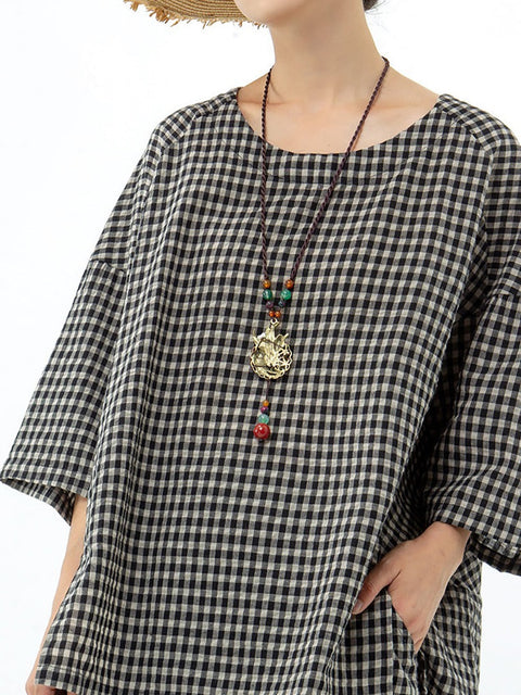 Plus Size Bomuld Linned Plaid retro bluse og bukser