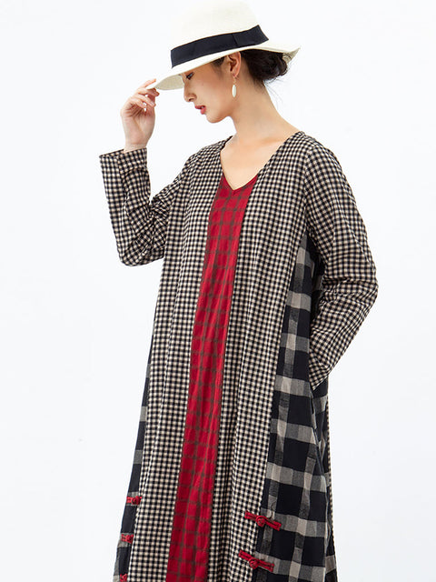 Plus Size Forskellige Farve Plaid Retro Bomuld Linned Kjole