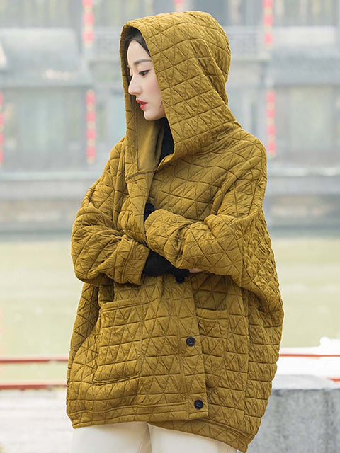 Plus Size Women Winter Casual Button Pocket Hooded Coat