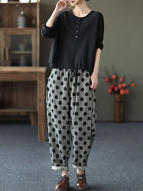 Plus size - Kvinder Retro Pocket Bomuld Casual Dots Harem Pants