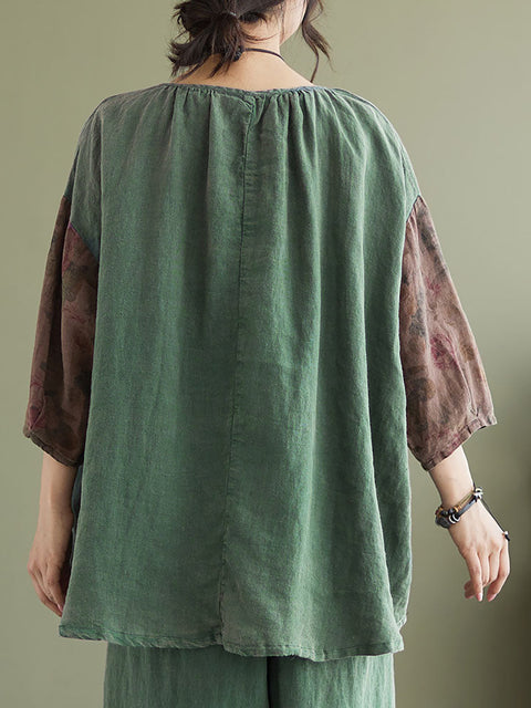 Linen Vintage Drop Shoulder Patchwork Dame Løs T-shirt